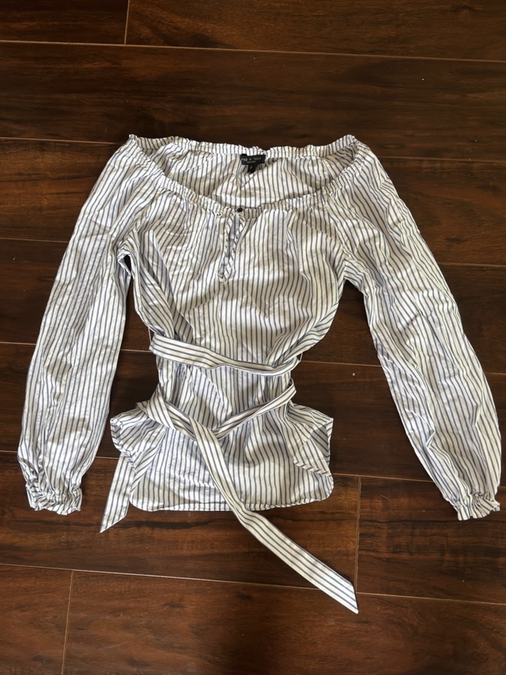 rag & bone White and Navy Striped Off-Shoulder Tie-Waist Blouse